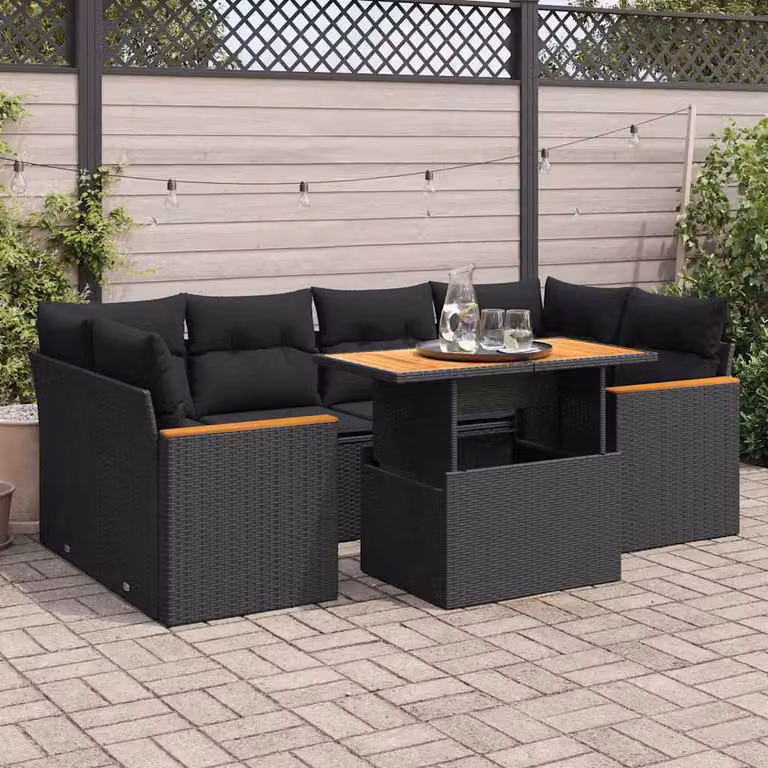 Set Divano da Giardino vidaXL 6 pz a Forma a L con Tavolino, Polyrattan e Legno di Acacia, Nero