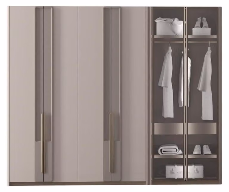 Armadio in stile moderno, colore beige, design elegante, struttura in legno