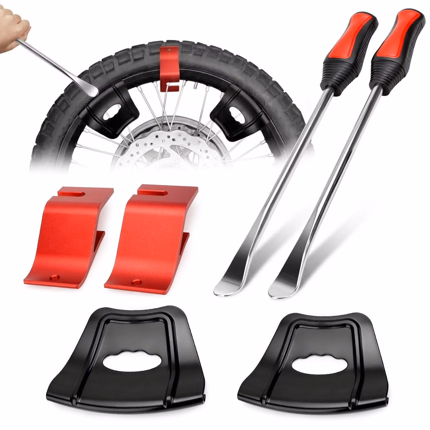Kit di strumenti per il cambio pneumatici di motociclette, completo di protezioni per cerchi
