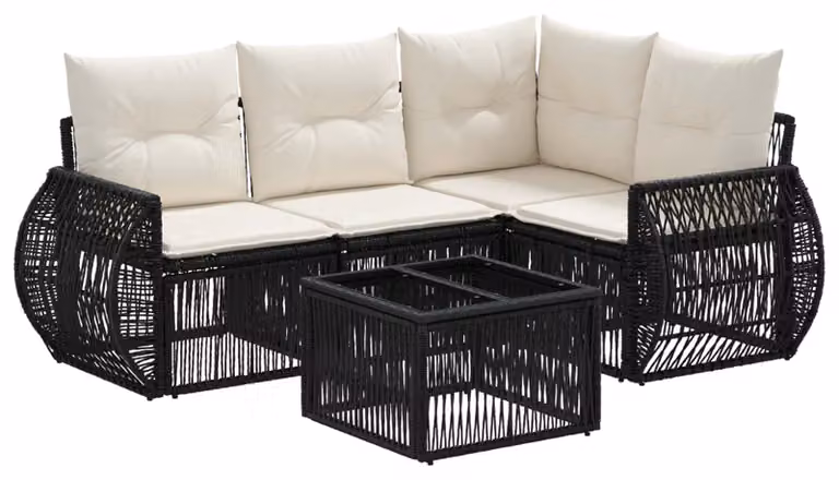 Set Divano da Giardino 5 pcs Nero e Bianco Crema polyrattan