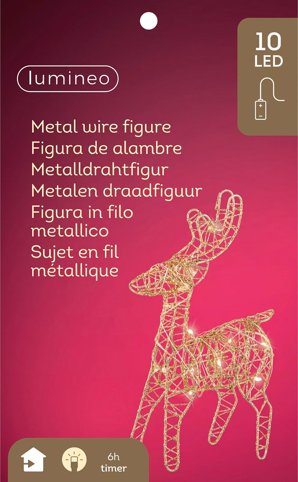 Figura decorativa a forma di renna a LED, 12x21 cm, in metallo, con timer / alimentazione a batterie, color oro