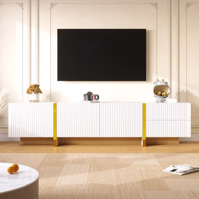 Mobile TV REDOM Bianco e Oro con Effetto Legno, 3 Ante e 2 Cassetti, L/P/H: 190 x 35 x 45 cm