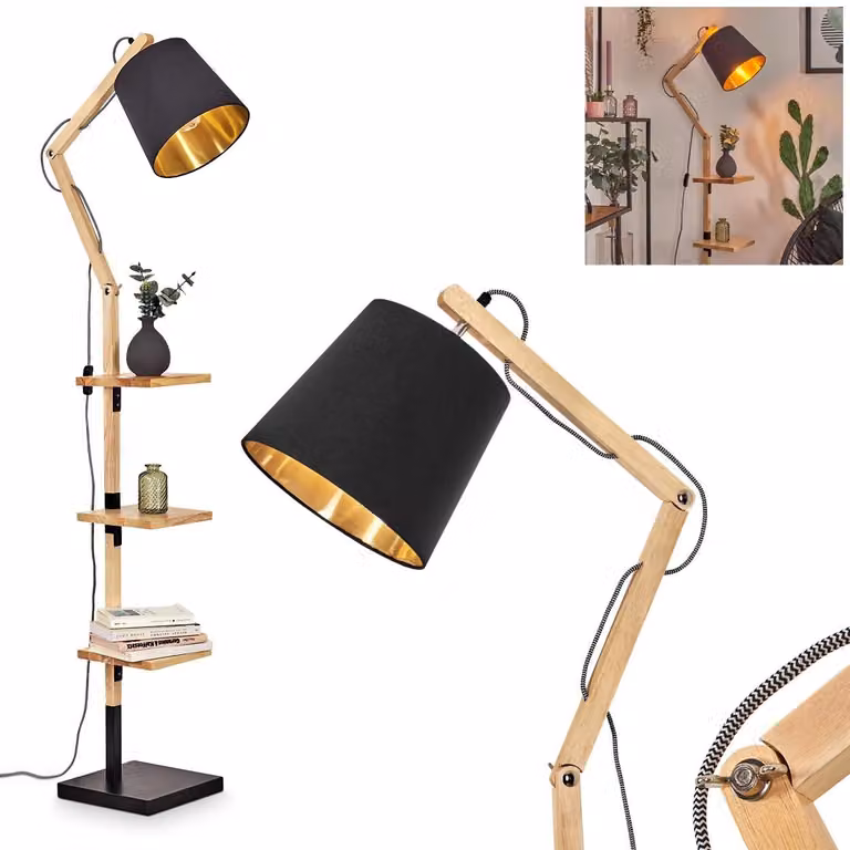 Lampade da terra con base in legno e paralume in tessuto