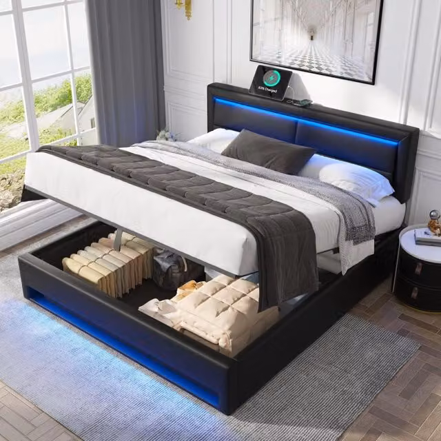Letto imbottito 140 × 190 cm con ricarica USB e wireless LED a 12 colori contenitore in PU nero