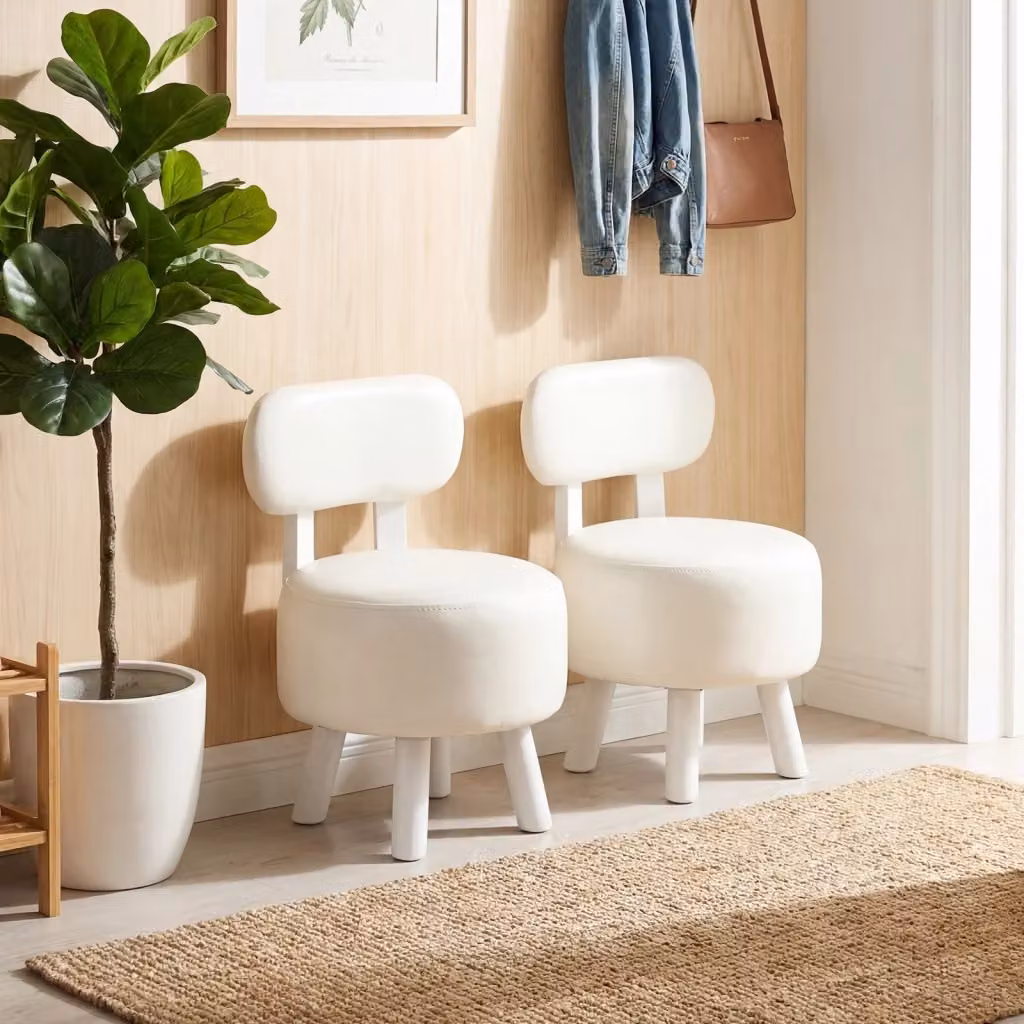 Set di 2 pouf poggiapiedi cilindrici bianchi con gambe in legno di gomma, sgabelli imbottiti impilabili per soggiorno e camera da letto – 2