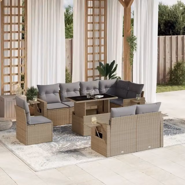 Set Divano da Giardino a L vidaXL in Polyrattan con Cuscini Beige e Tavolino da 9 Pezzi – 1