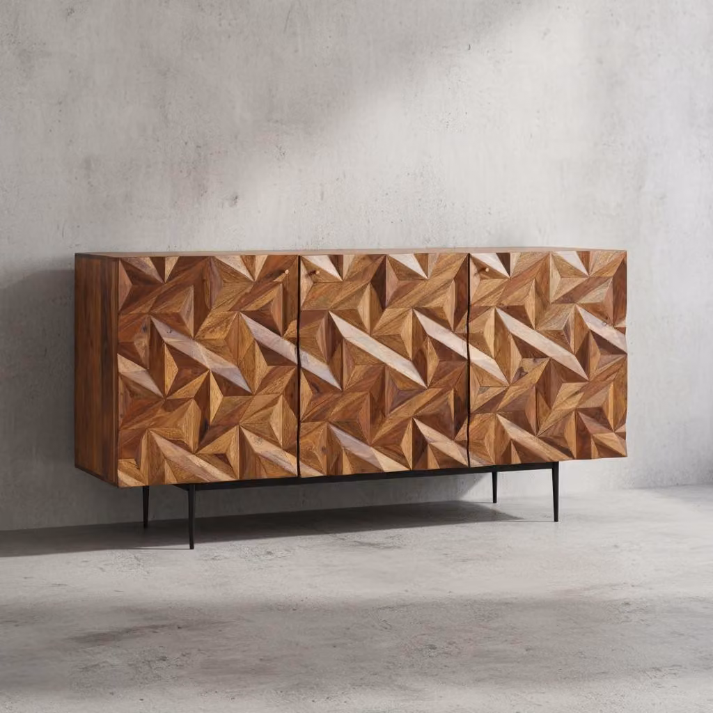 Credenza "Metallux", legno di sheesham, superficie 3D, marrone, moderna. 144x47x72 cm | Kadima Design