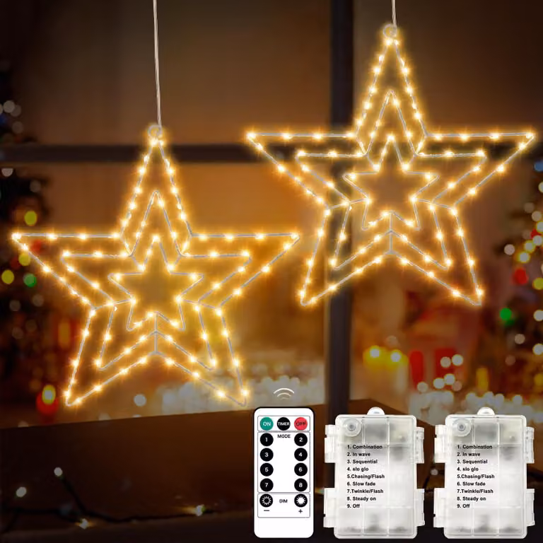 Set di 2 stelle natalizie a LED, 75 LED bianco caldo, 30x30 cm, con timer