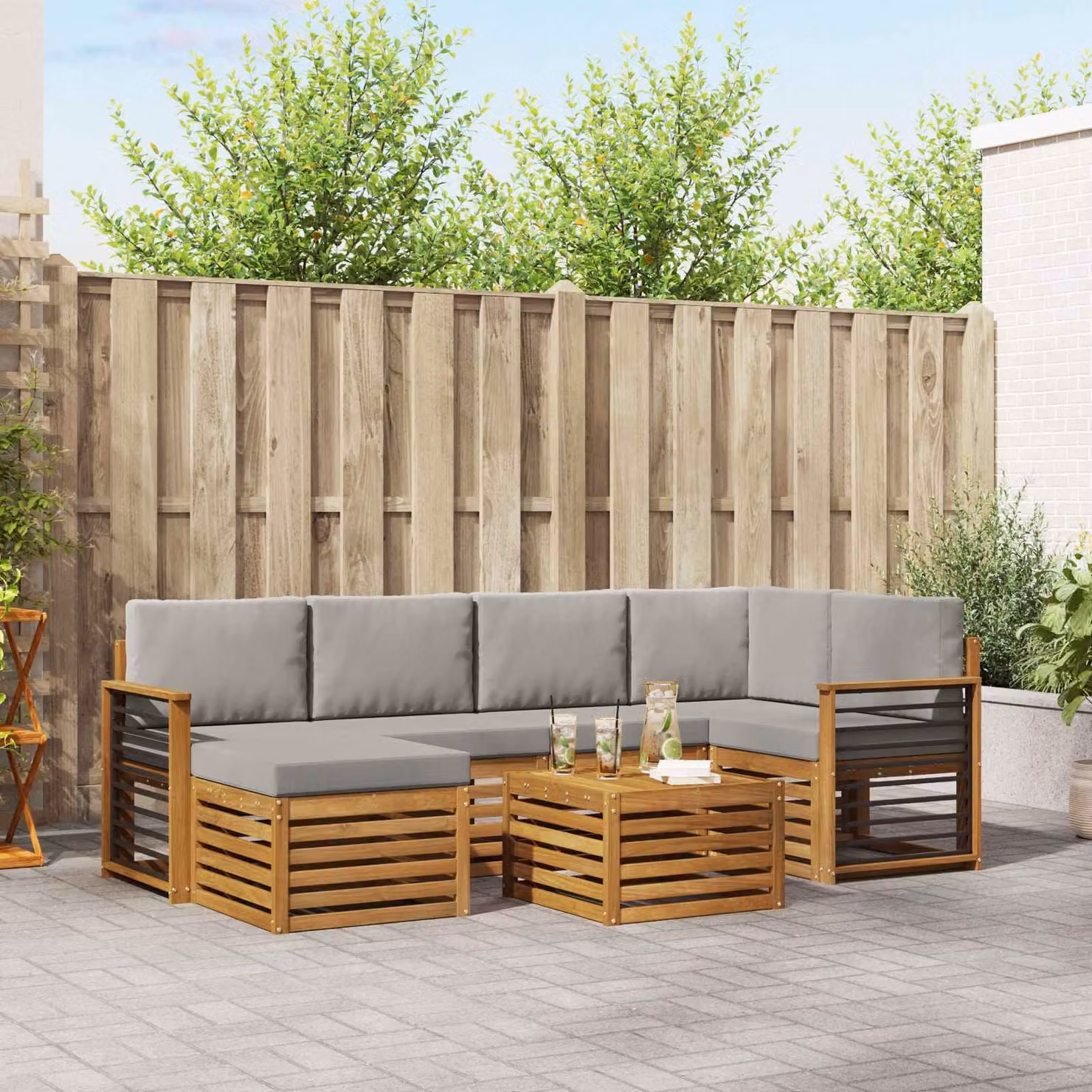 Set di divani da esterno vidaXL 7 pz in legno di acacia con cuscini Grigio e Marrone