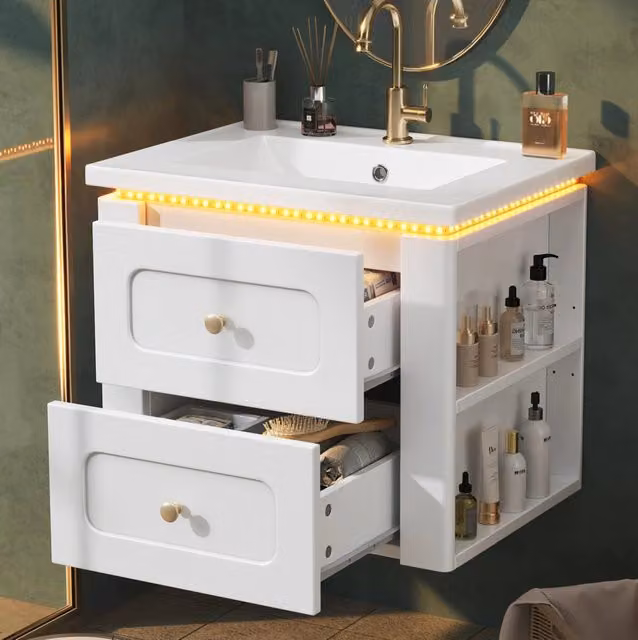 Mobile bagno sospeso da 61 cm con LED; 2 cassetti e lavabo in ceramica