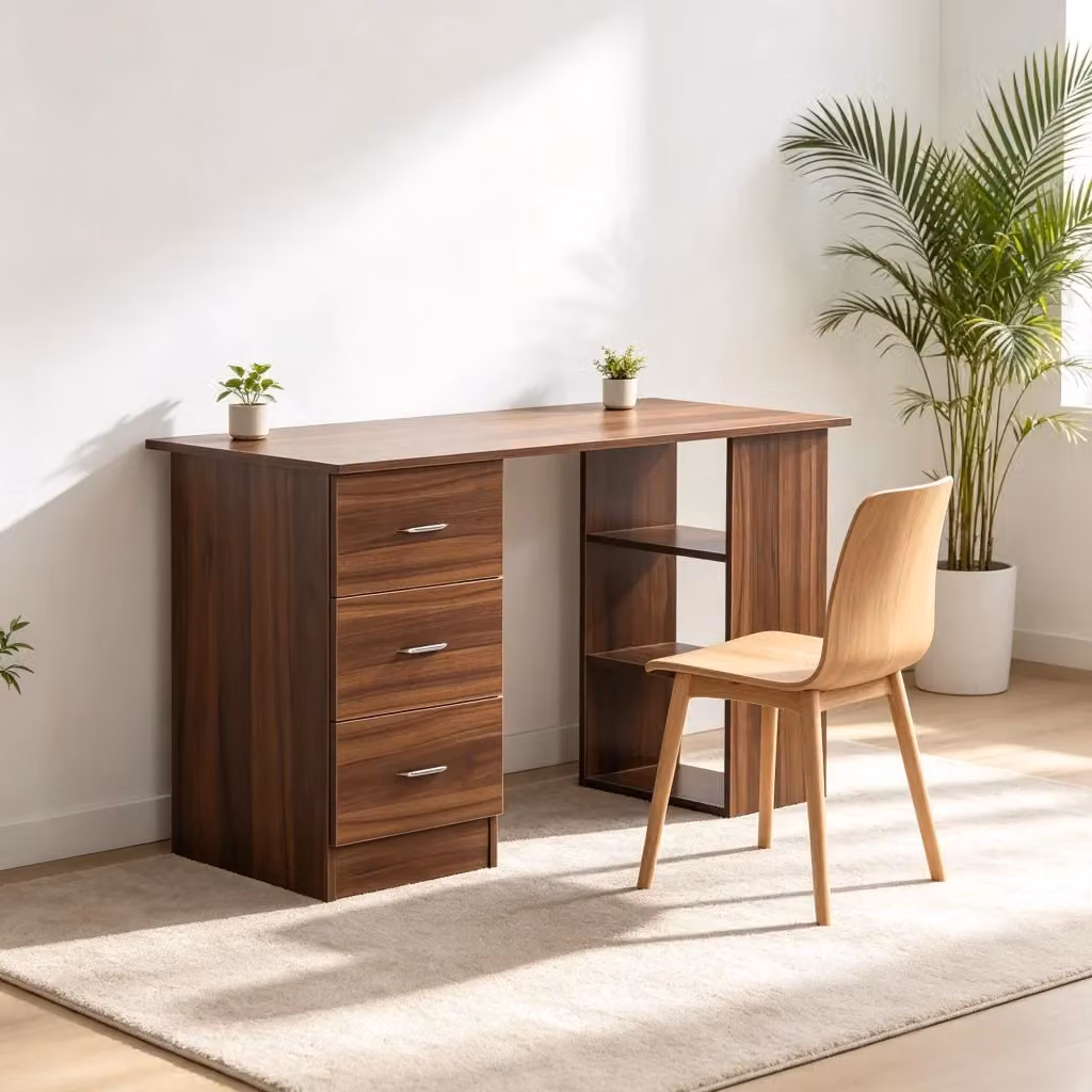 Scrivania Computer REDOM in MDF Laminato Marrone con 3 Ripiani e 3 Cassetti L: 120 cm, P: 49 cm, H: 72 cm – 2
