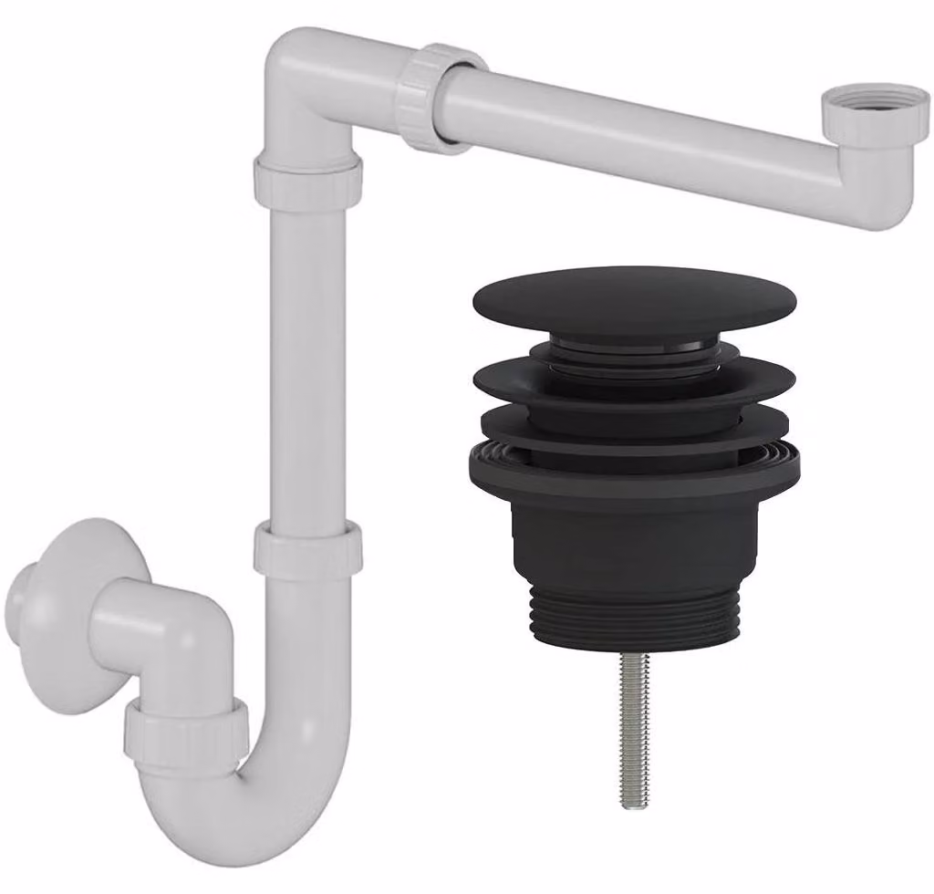 CERANO - Sifone per lavabo/mobili, salvaspazio - DN32/250-700 mm - bianco con scarico click-clack - universale - plastica - nero opaco