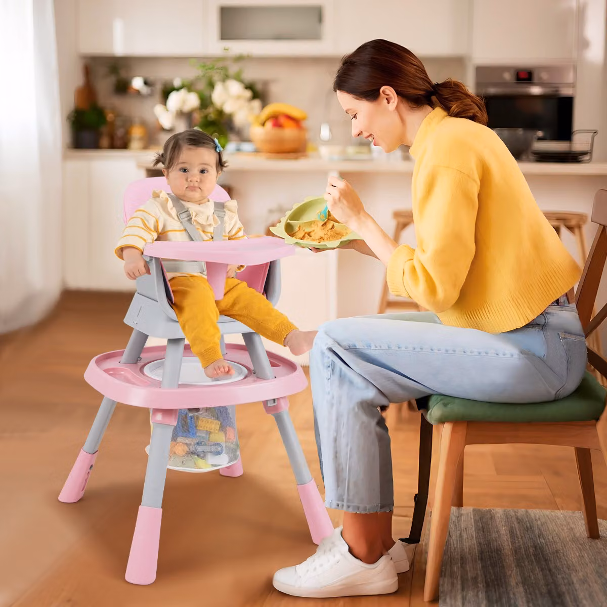 Seggiolone convertibile 16-in-1 Costway con tavolo, sedia e vassoio rimovibile, colore rosa