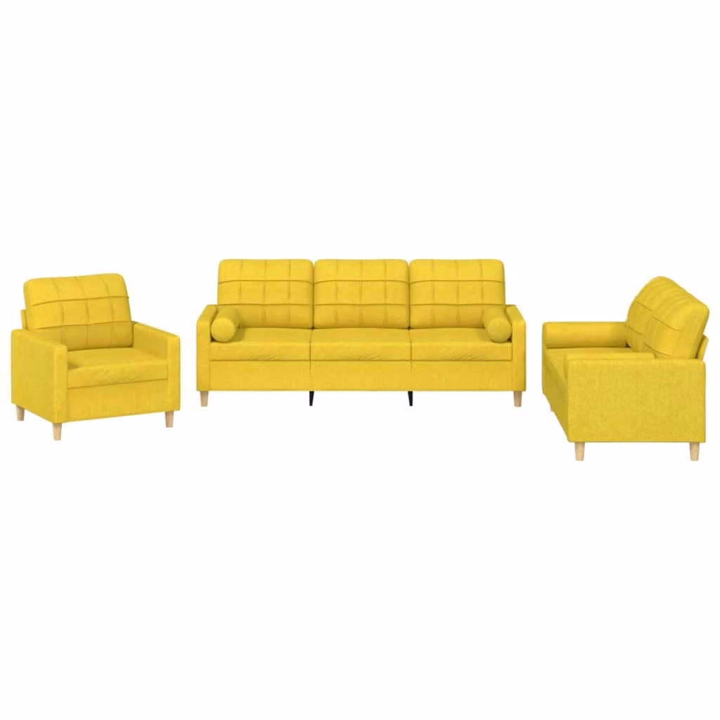 Set di Divani 3 pz con Cuscini Giallo Chiaro in Tessuto