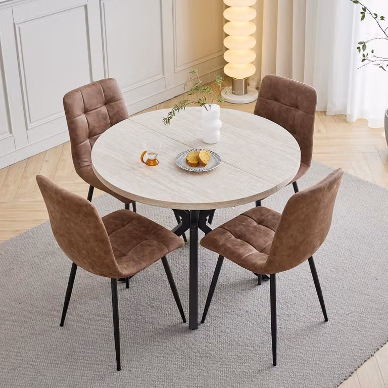 Set tavolo e sedie, diametro 100 cm, forma rotonda, colore pietra gialla, ecopelle marrone chiaro. Il set comprende 1 tavolo e 4 sedie