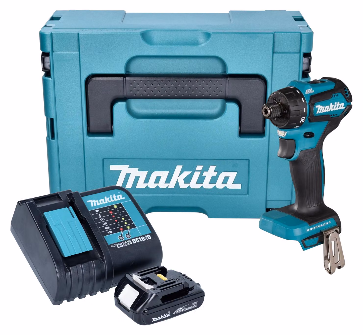 Makita DDF 083 SY1J Trapano avvitatore a batteria 18 V 40 Nm 1/4'' brushless + 1x batteria ricaricabile 1,5 Ah + caricabatterie + Makpac