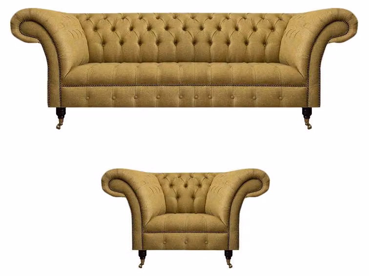 Wohnzimmer Gelbe Chesterfield Garnitur Dreisitzer Polster Sessel Möbel