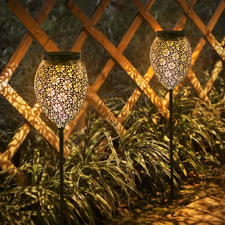 Set di 2 lampade solari, grado di protezione IP65, impermeabili, luce bianco caldo, corpo in metallo