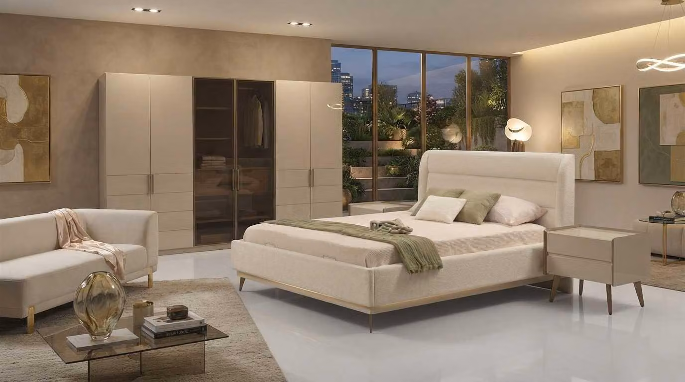 Set per camera da letto beige, moderno, letto, armadio, comodini