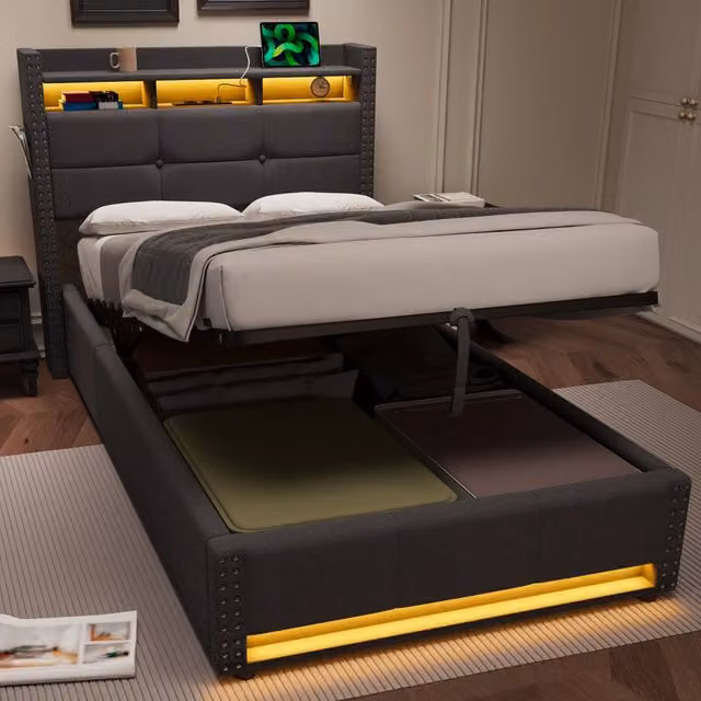 LETTO Singolo 90x200 cm Tessuto Grigio Scuro con LED e USB