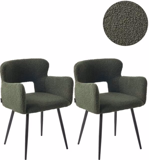Set di 2 sedie da pranzo Beliani in tessuto bouclé verde con braccioli e gambe in metallo in stile industriale moderno