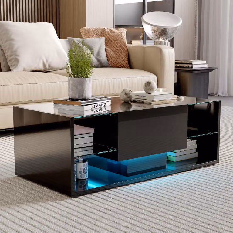 Tavolino sospeso Moonbite, dimensioni 100x50 cm, con illuminazione LED, 1 cassetto e piano in vetro di sicurezza, finitura effetto verniciato, colore nero