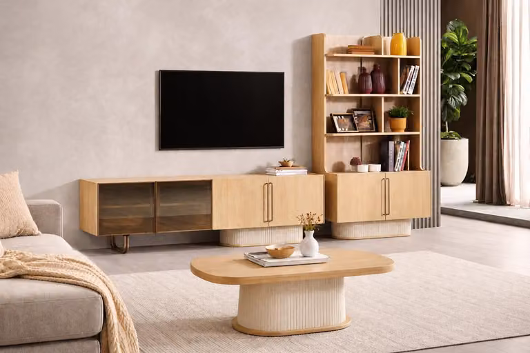 Elegante set di mobili per soggiorno, composto da un mobile basso per la TV, un tavolino e una libreria