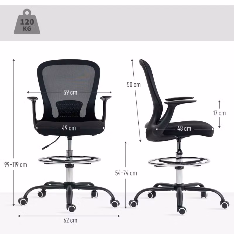 Sedia da ufficio girevole OKWISH nera con poggiapiedi, braccioli e altezza regolabile per scrivania alta, L/P/H: 59 x 59 x 119 cm – 2