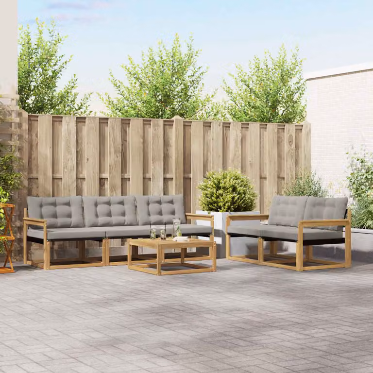 vidaXL Set di divani da esterno a L con tavolino da caffè, 6 pezzi, in legno di acacia e tessuto textilene, Bianco e Grigio