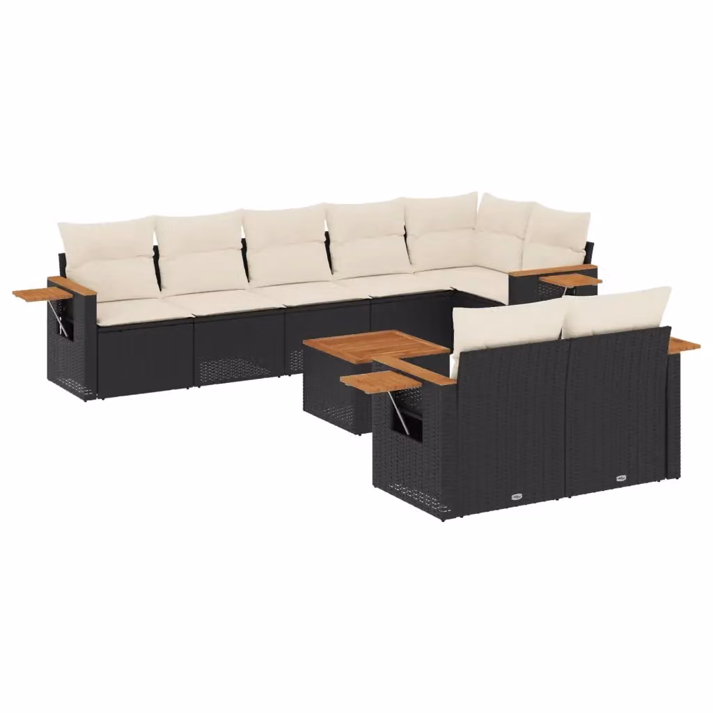 vidaXL Set Divani da Giardino 9 pz a Forma a U in Polyrattan Nero con Cuscini e Tavolino da Caffè – 2