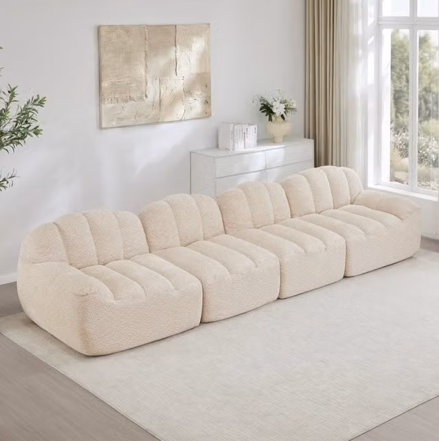 Divano angolare modulare senza struttura in pile granulato e schiuma 32D; bianco beige