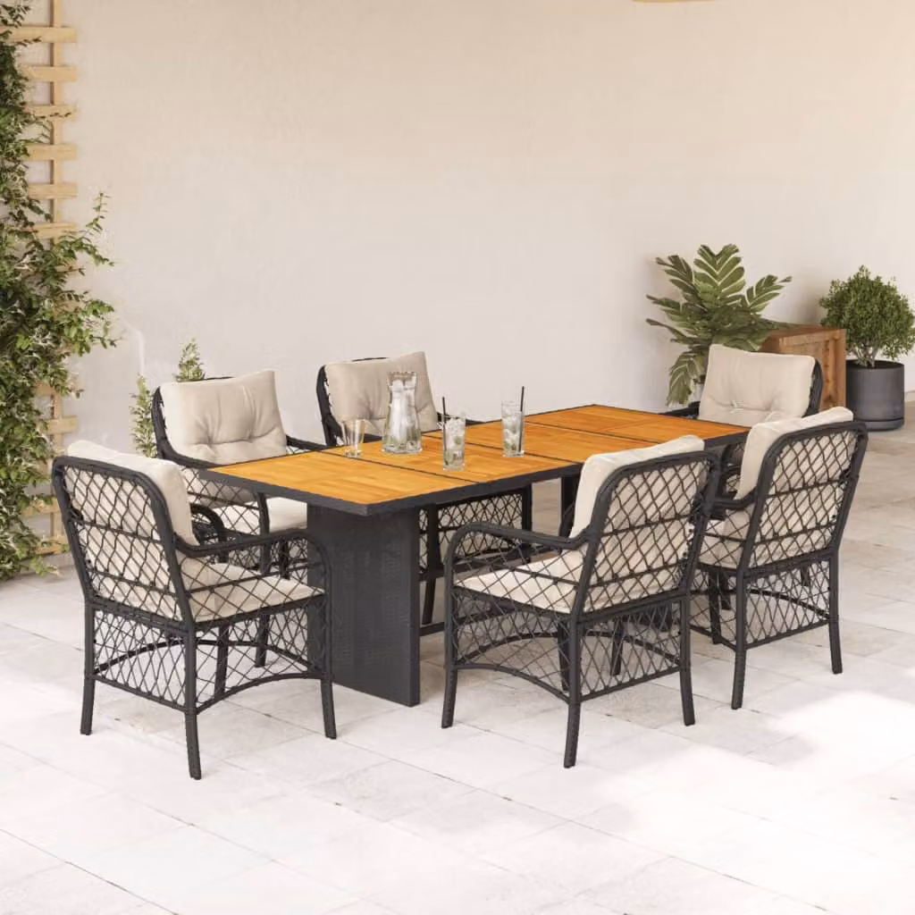 vidaXL Set da Pranzo da Giardino 7 pz in Polyrattan Nero con Cuscini e Legno di Acacia – 1