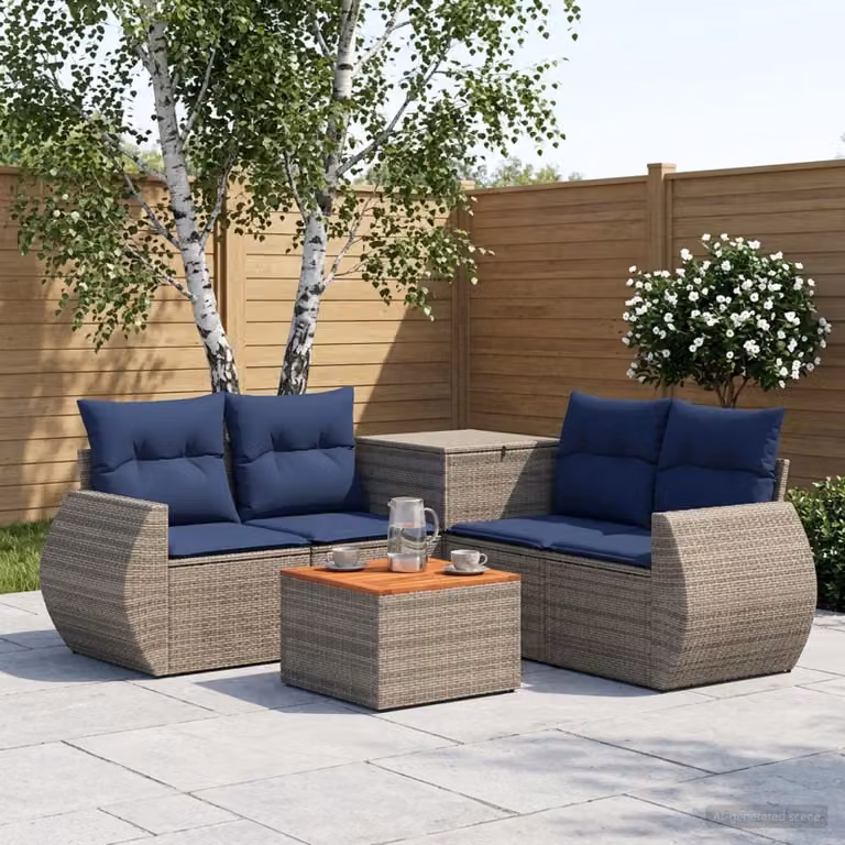 vidaXL Set di divani da giardino 6 pz in rattan e acciaio con cuscini Grigio e Blu Navy