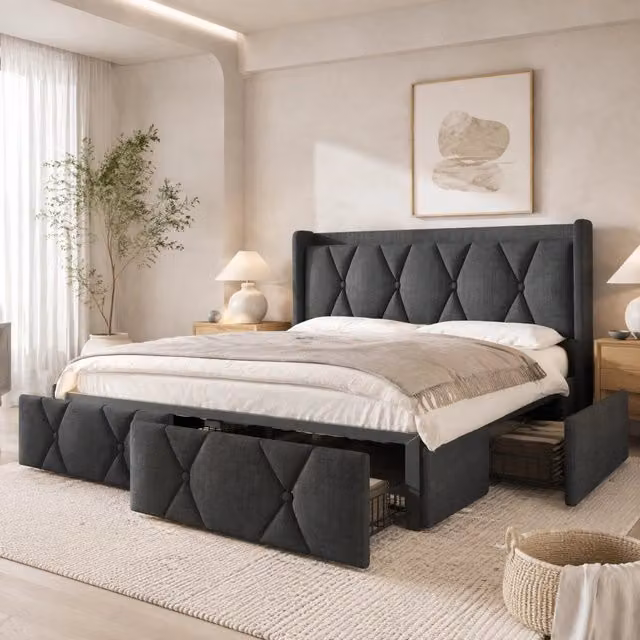 Letto Mivray con cassetti e testiera imbottita in lino grigio con prese USB e rete a doghe L/P: 140 x 200 cm