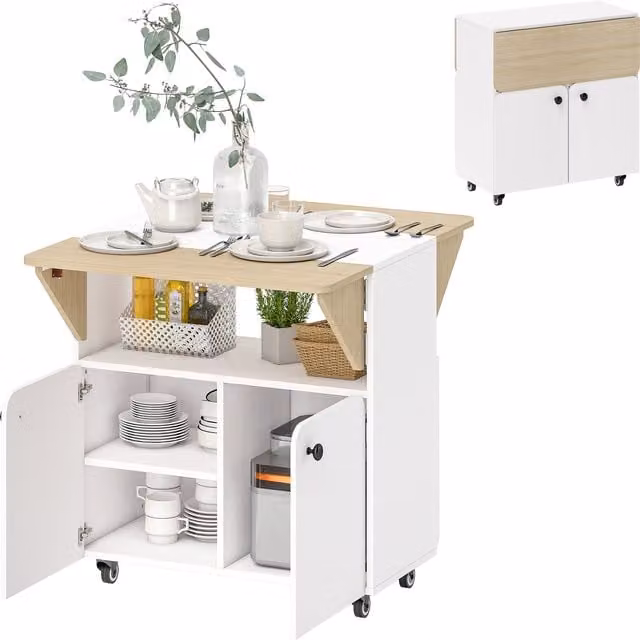 Tavolo pieghevole mobile HOMCOM con due piani e vano portaoggetti, Bianco e Naturale, L: 83 cm, P: 70 cm, H: 75 cm