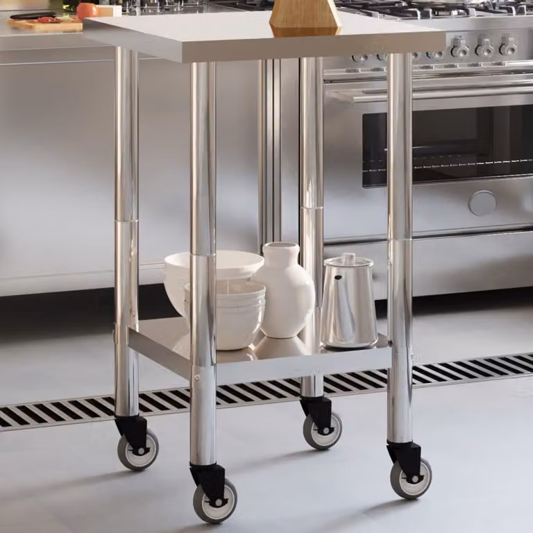 vidaXL Tavolo da lavoro per cucina e sala da pranzo in acciaio inox color argento con ruote, L/P/H: 55 x 55 x 85 cm