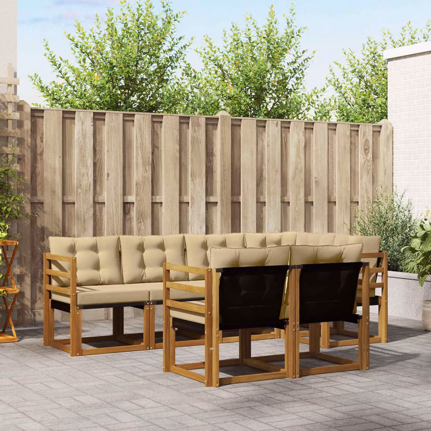 Set di divani da esterno vidaXL 7 pz in legno di acacia e textilene beige con cuscini inclusi