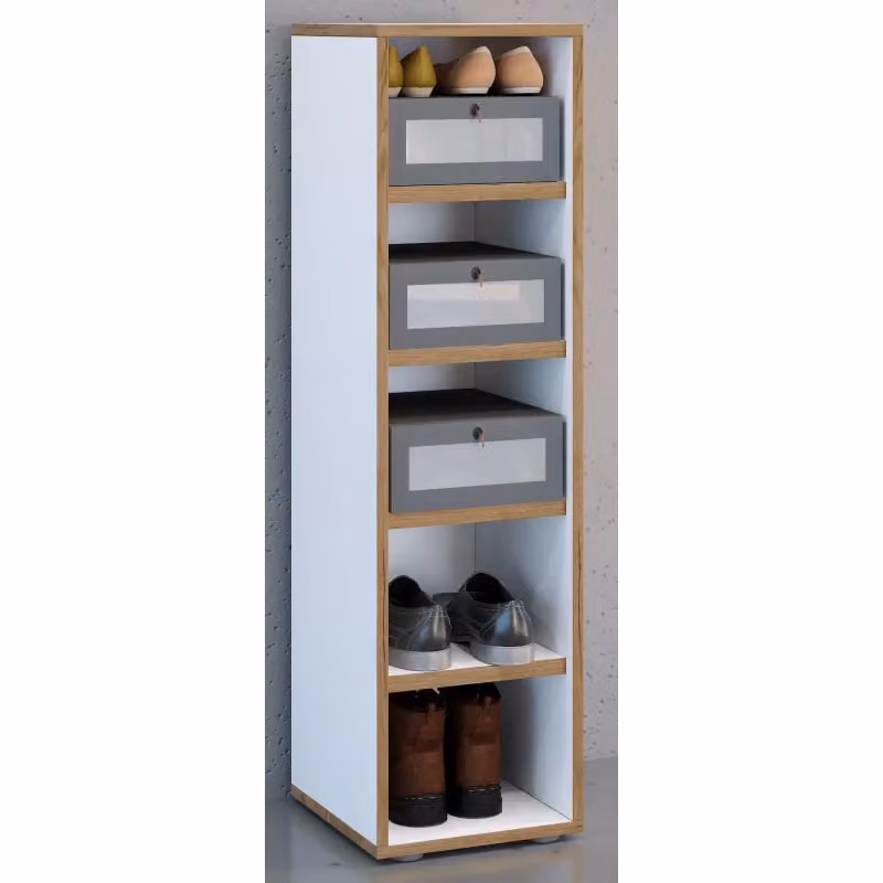 Scarpiera Ezooza in legno bianco con ripiani interni e ante, H110 x L30 x P33 cm – 2