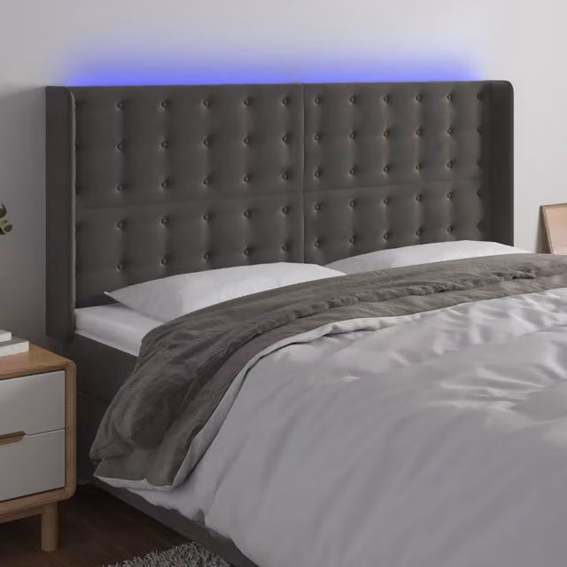 Testiera con LED e porta USB vidaXL in velluto grigio, L: 203 cm, P: 16 cm, H: 118/128 cm
