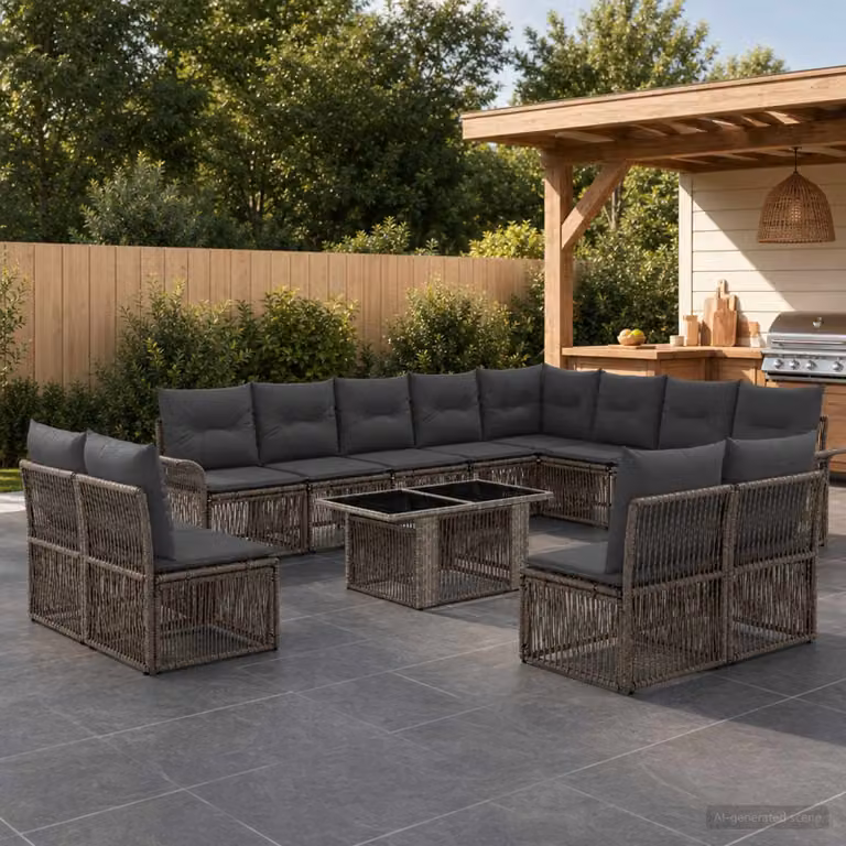 Set Divano da Giardino vidaXL 13 pz a Forma di L con Tavolino, Colore Grigio e Antracite, Struttura in Metallo e Polyrattan con Cuscini Inclusi