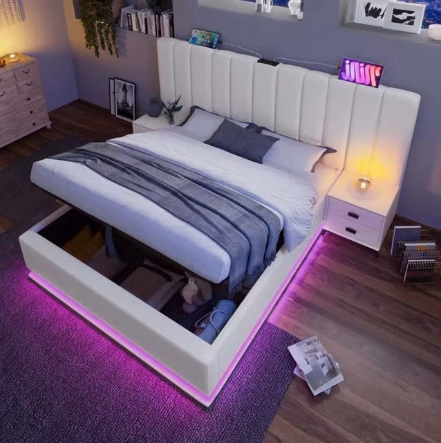 Letto matrimoniale contenitore 160x200 cm con LED; ricarica USB-C e rivestimento in PU bianco