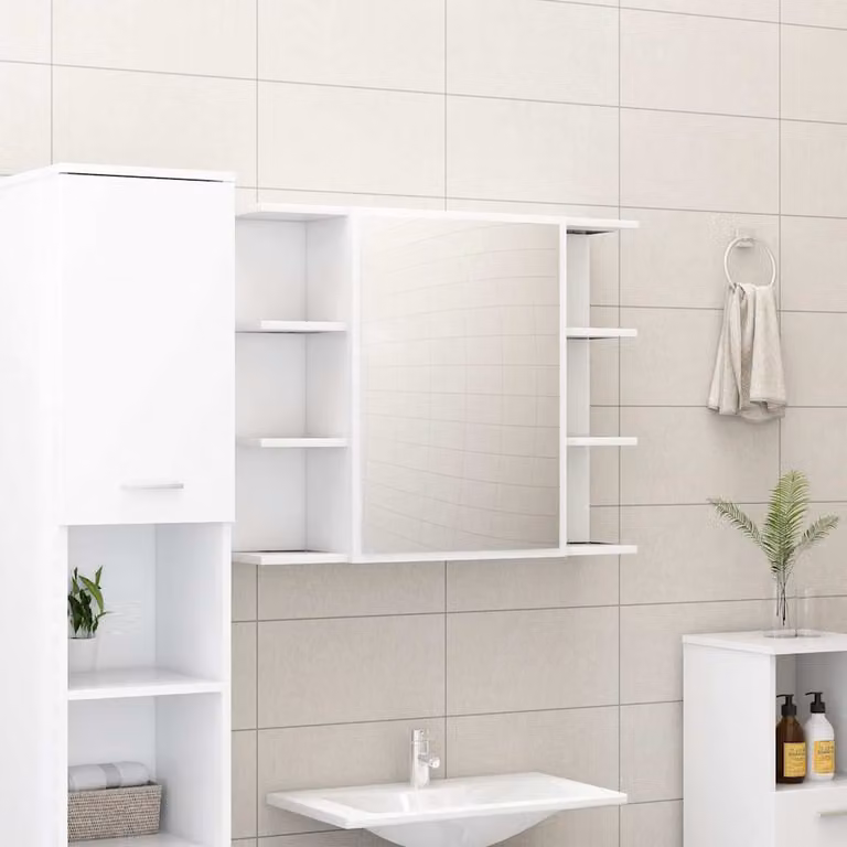 Armadio da bagno moderno vidaXL in legno bianco con ante a battente e ripiani interni, L 80 cm x P 20,5 cm x H 64 cm