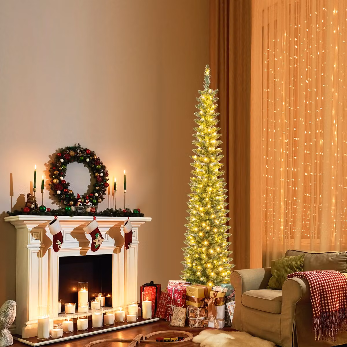 Albero di Natale artificiale slim Costway verde con luci LED bianco caldo, Altezza: 180 cm
