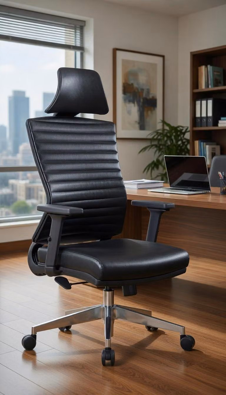 Elegante sedia da ufficio per la postazione di lavoro, rivestita in ecopelle e dotata di poggiatesta
