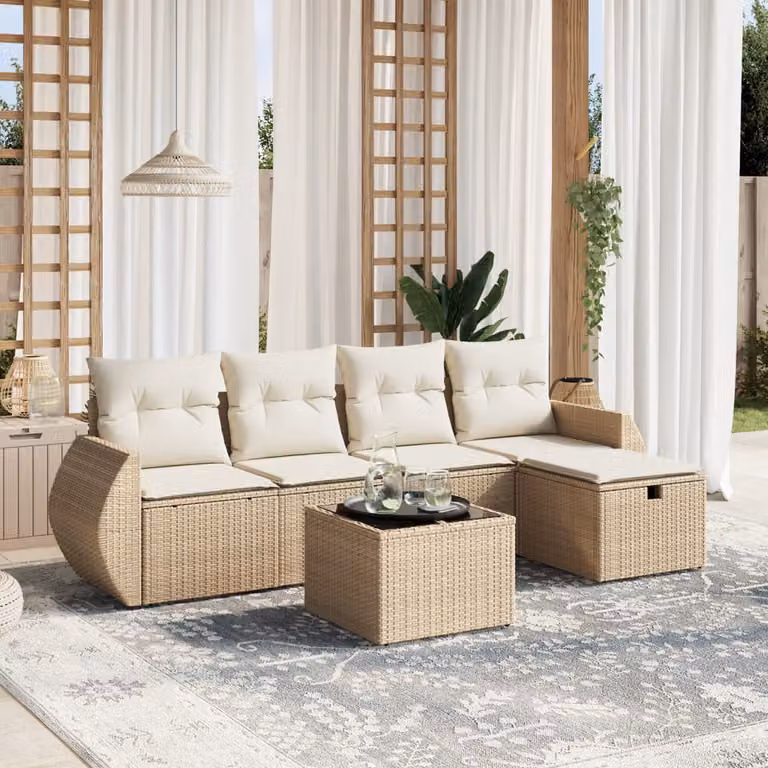 vidaXL Set Divano da Giardino a L composto da 6 pezzi con Cuscini Beige e Tavolino in Vetro