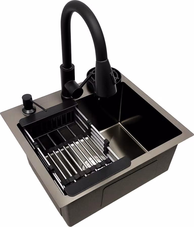 Lavello da cucina - Da incasso - Acciaio inox 45x40 cm - Rubinetto estraibile a 360° - Scolapiatti - Dispenser sapone - Nero