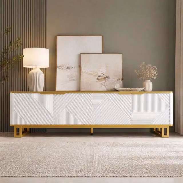 Mobile TV REDOM moderno in MDF bianco e metallo oro con 4 ante L: 160 cm, P: 37,5 cm, H: 48 cm – 1