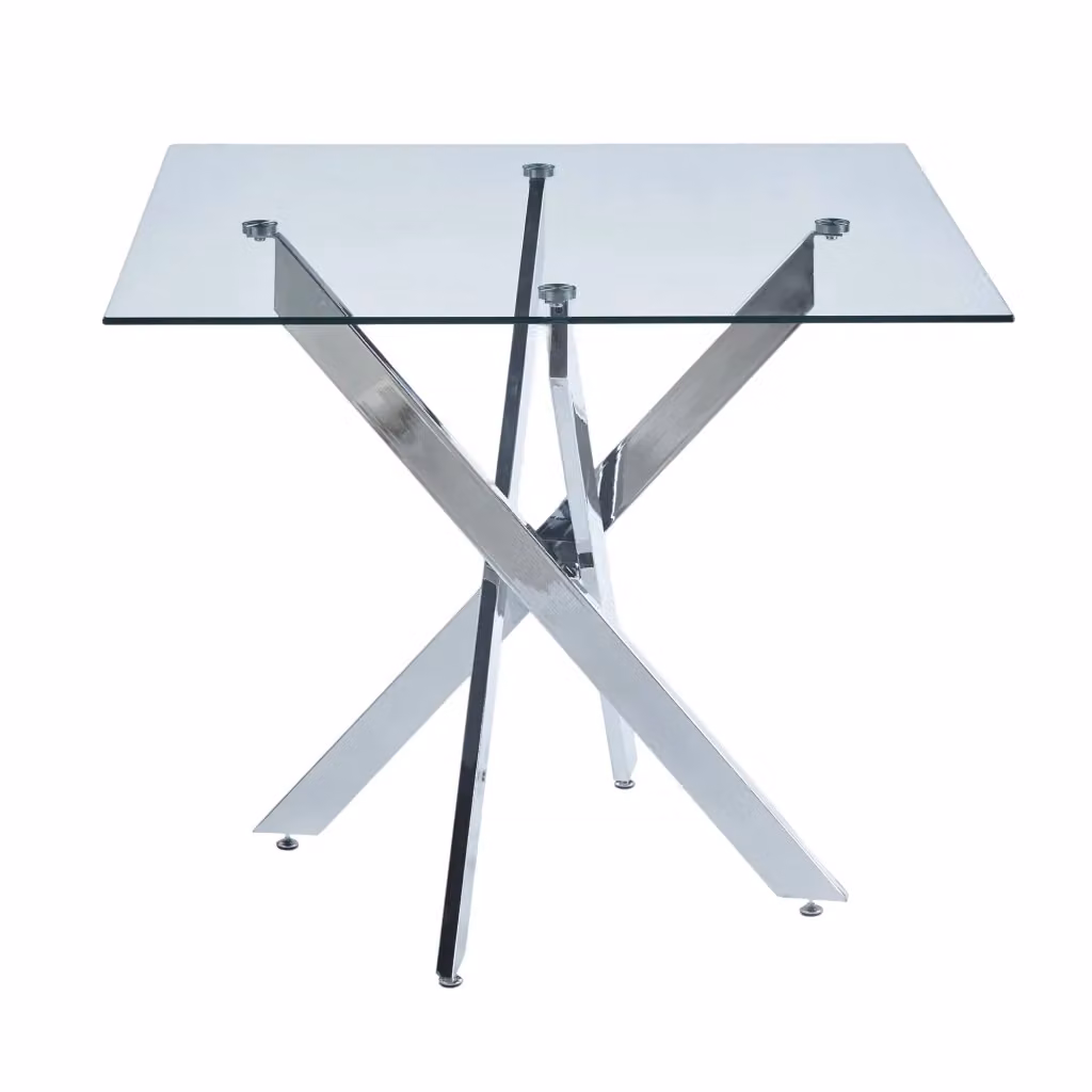 Tavolo da Pranzo Quadrato Minimal con Piano in Vetro Trasparente e Gambe in Metallo Argento L/P/H: 80 x 80 x 75 cm – 2