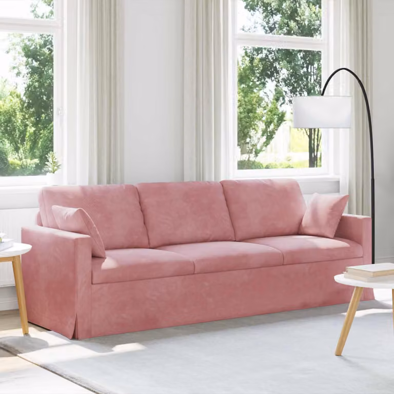 Divano moderno vidaXL in velluto rosa con cuscini decorativi e coperture rimovibili L: 228 cm, P: 78 cm, H: 80 cm