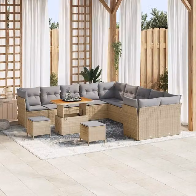 Set Divano da Giardino a Forma a U vidaXL in Polyrattan Beige con 13 Pezzi, Tavolino e Cuscini Inclusi